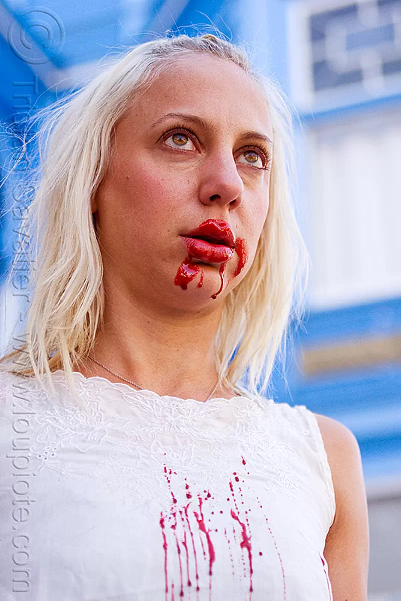 bloody zombie halloween makeup - young blond woman (san francisco), bleeding, blonde, fake blood, halloween, makeup, red, special effects, stage blood, theatrical blood, woman, zombie