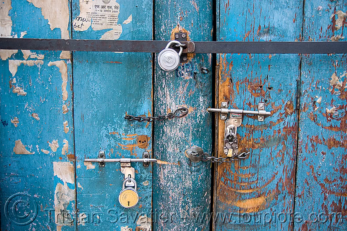 blue door with padlocks (india), barred door, blue door, closed, india, ladakh, leh, locked door, locks, padlocks, लेह