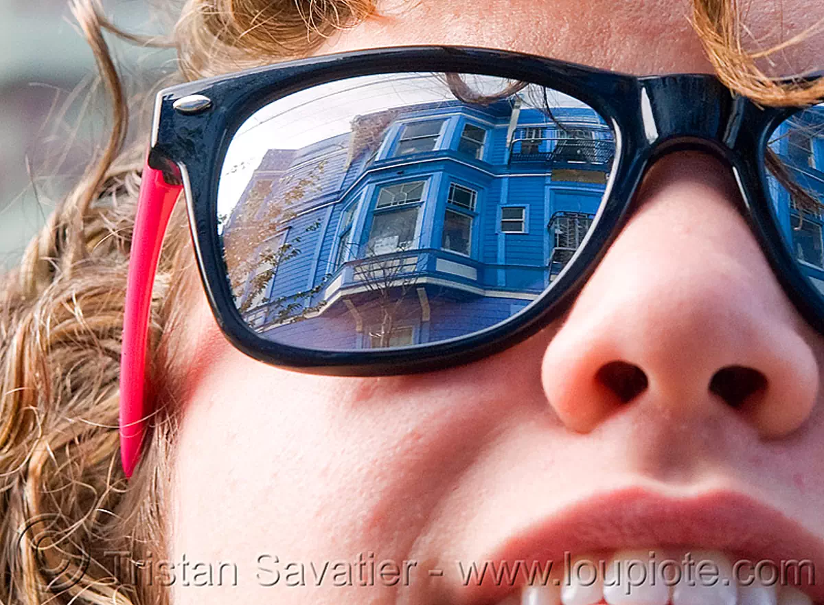 blue victorian house in san francisco california, bay windows, blue house, mirror, natalie, sunglasses, victorian house, woman