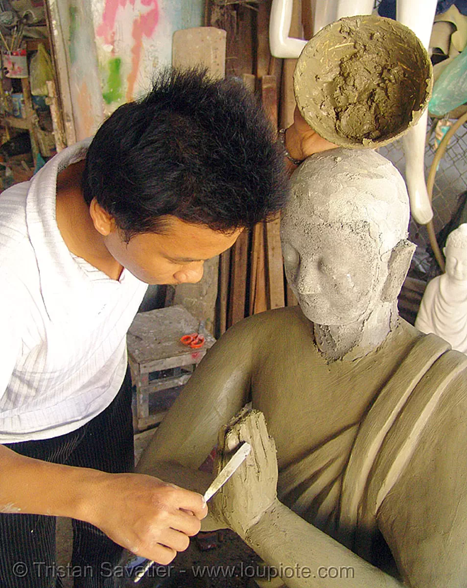 buddha statue made in statue factory - clay - vietnam, buddha image, buddha statue, buddhism, clay, concrete, nha trang, sculpture, statue factory, vietnam, worker, working