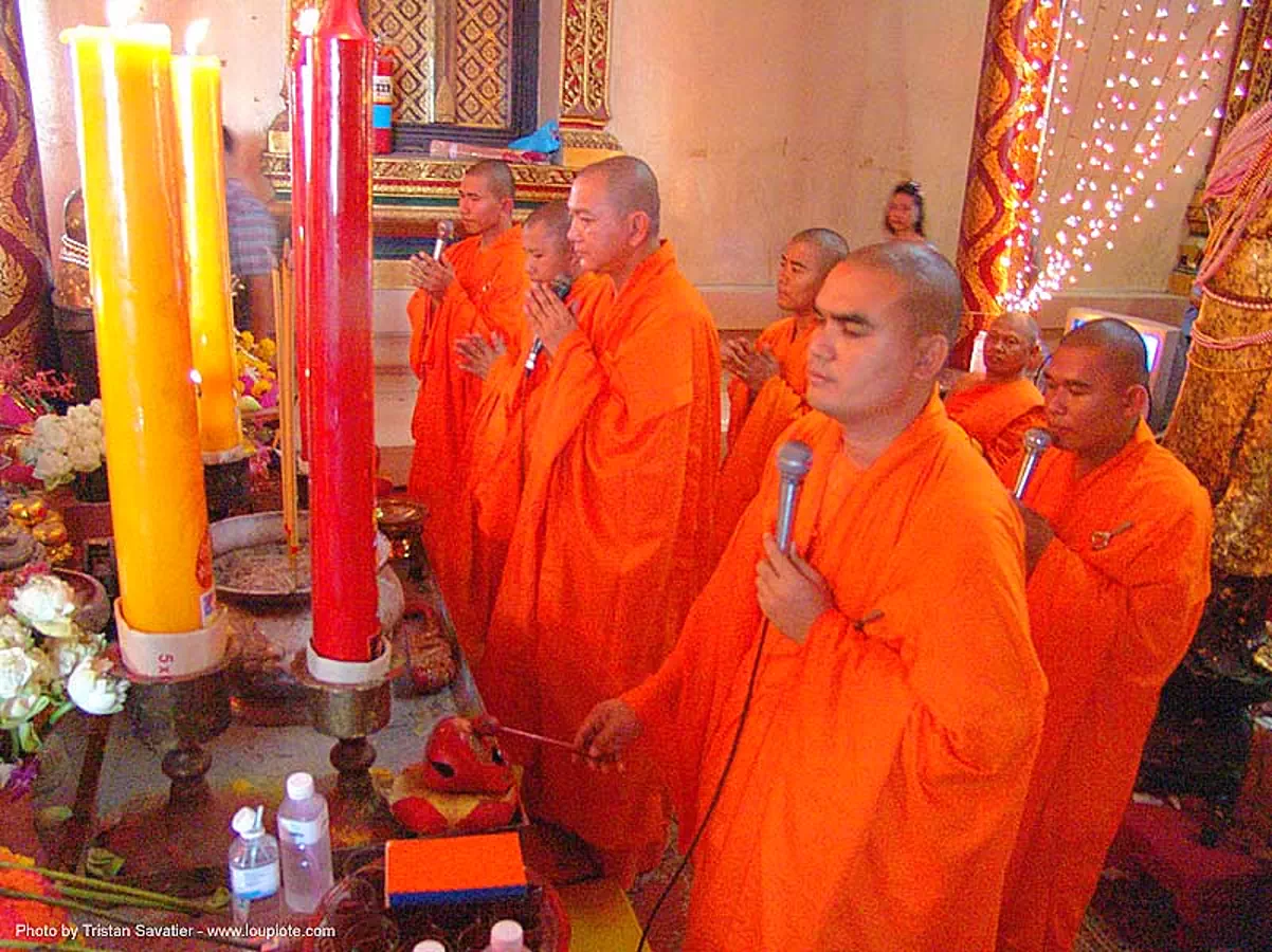 buddhist monks in a chinese temple - สุโขทัย - sukhothai - thailand, bhagwa, buddhism, buddhist temple, candles, chinese, monks, orange, prraying, red, saffron color, singing, sukhothai, thailand, wat, yellow, สุโขทัย