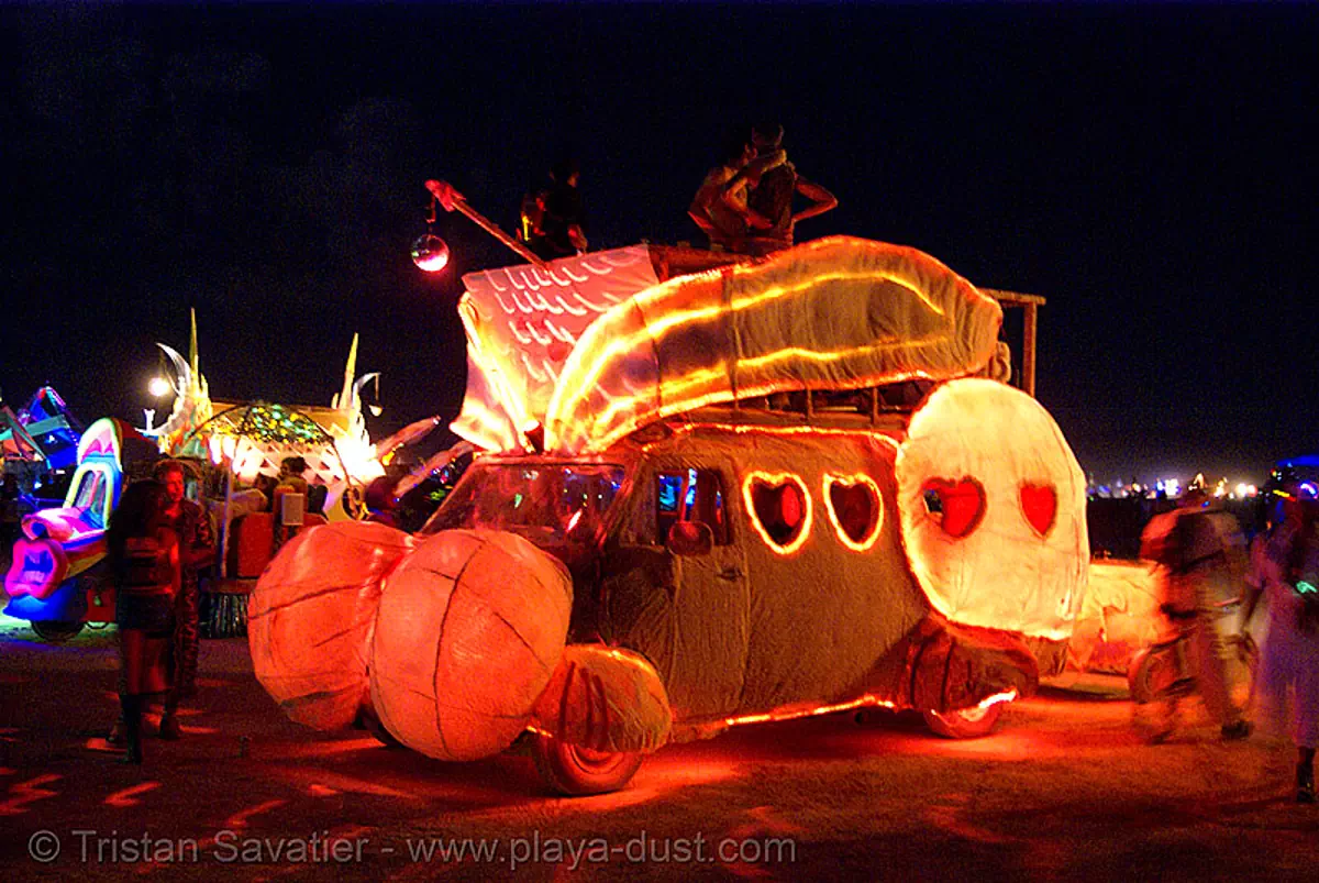 burning man - big bunny art car by jon levy (from utah), art car, big bunny, burning man art cars, burning man at night, glowing, jon levy, mutant vehicles