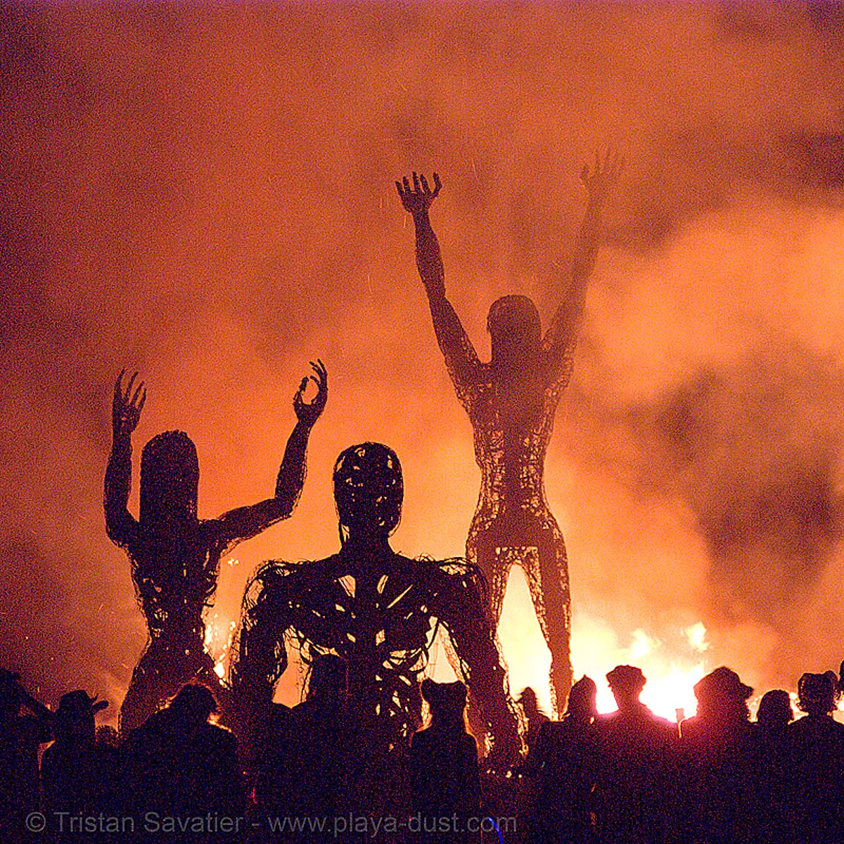 burning man - crude awakening, art installation, burning man at night, fire, sculptures