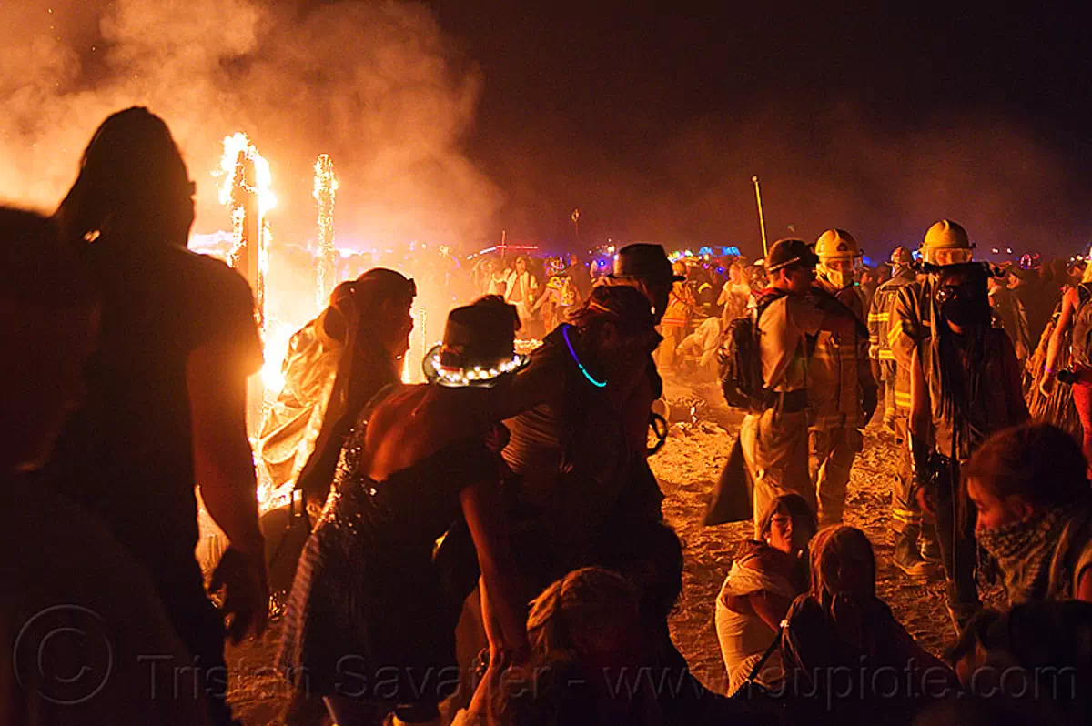 burning man - dancing around the fire, backlight, burning man at night, dancing, drown, fire, firefighters, night of the burn, silhouettes, the man