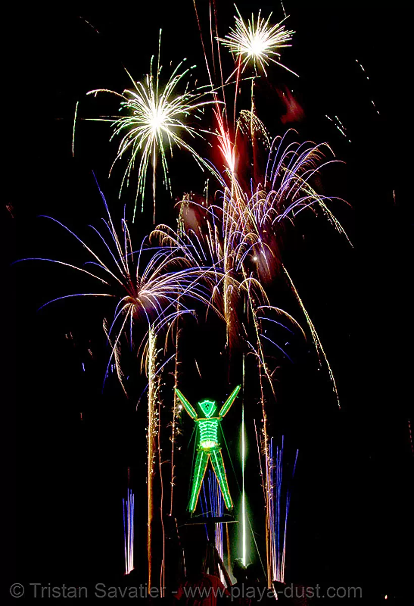 burning man - fireworks show before the man is burned, burning man at night, fire, fireworks, night of the burn, pyrotechnics, the man