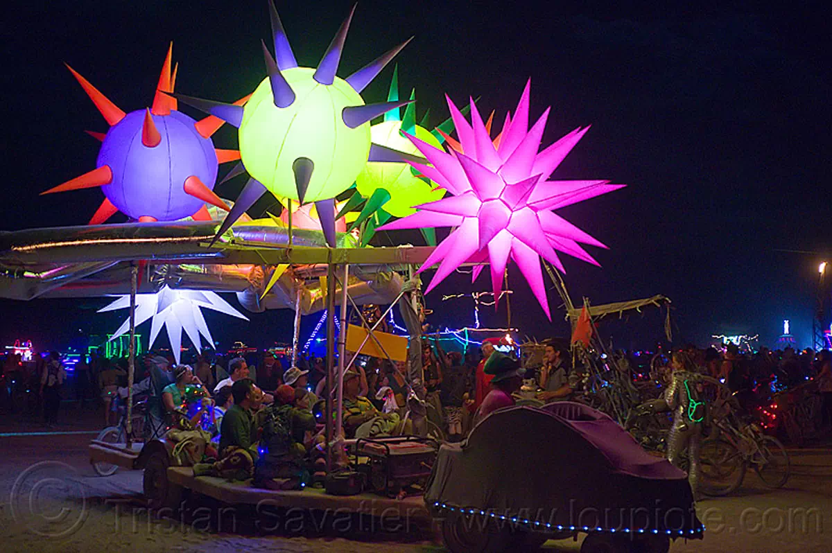 burning man - glowing spiky inflatables - art car, burning man art cars, burning man at night, glowing, inflatable art, mutant vehicles, spiky, unidentified art car