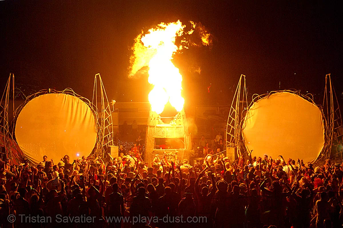 burning man - opulent temple, burning man at night, crowd, dancing, fire, opulent temple