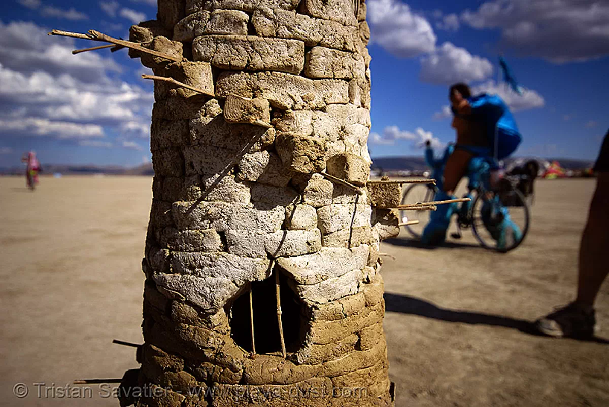 burning man, playa ruins