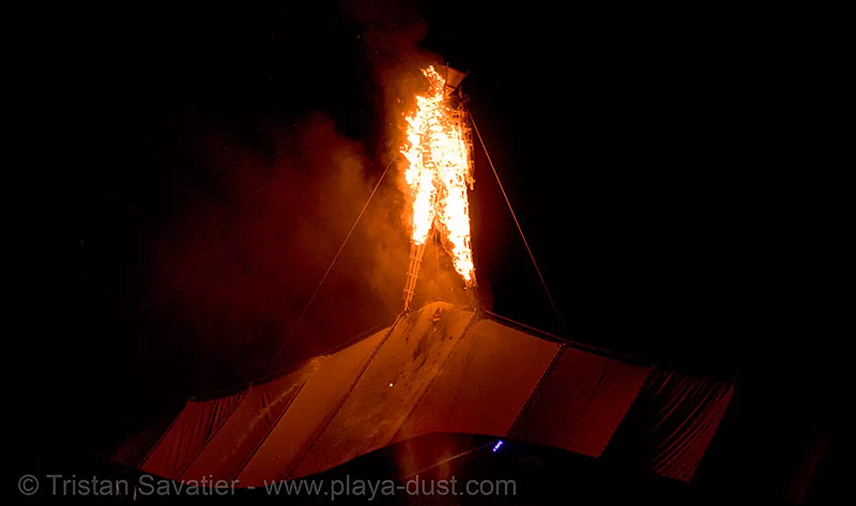 burning man set on fire early due to arson - burning man 2007, burning man, early burn, fire, first burn, first man, man burns early, night of the burn, the man
