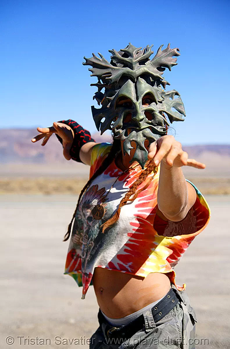 burning man - woman with green leafy mask - tamara aka "bliss", leafy, mask, woman