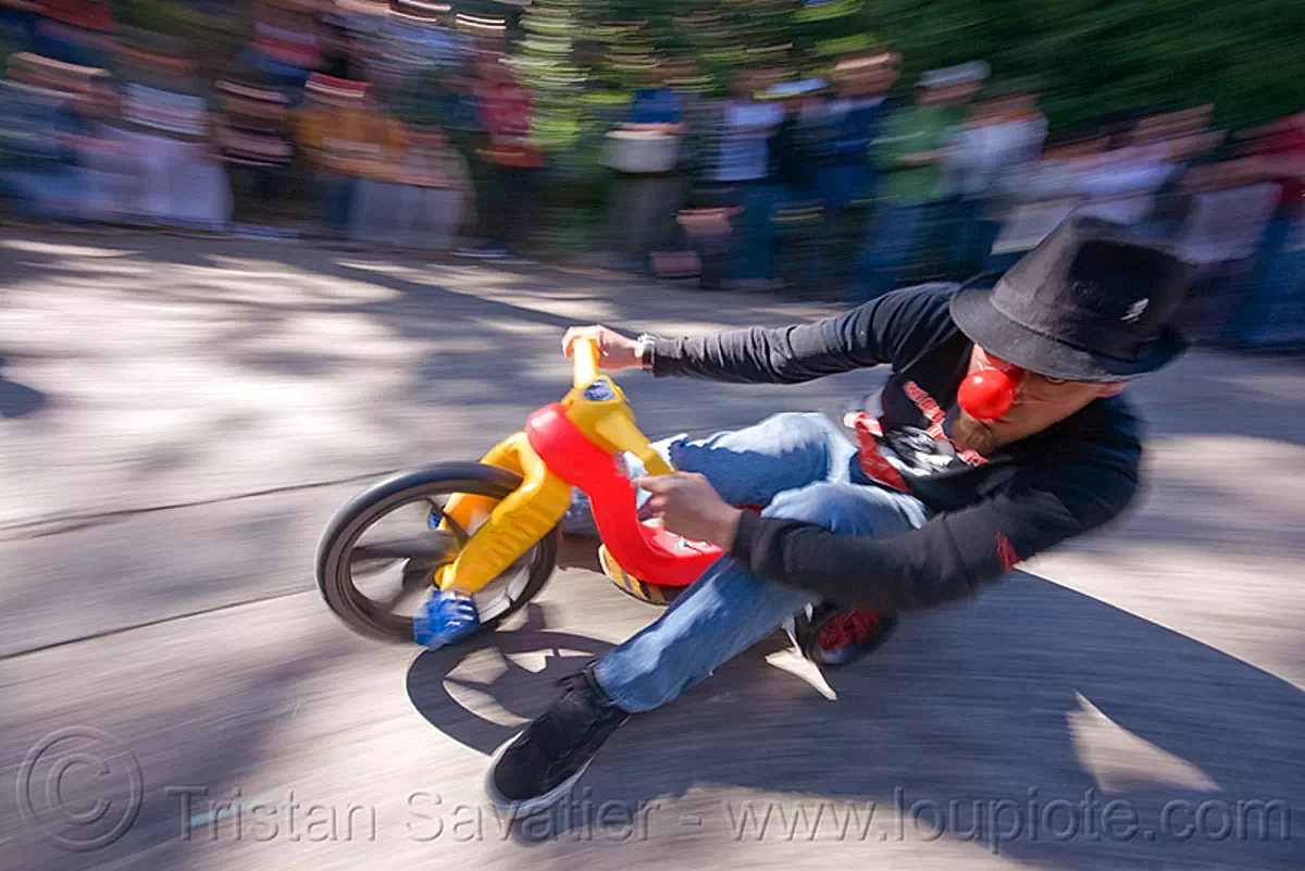 BYOBW - "bring your own big wheel" race - toy tricycles (san francisco), big wheel, byobw 2011, clown nose, drift trikes, hat, moving fast, potrero hill, race, speed, speeding, toy tricycle, toy trike, trike-drifting