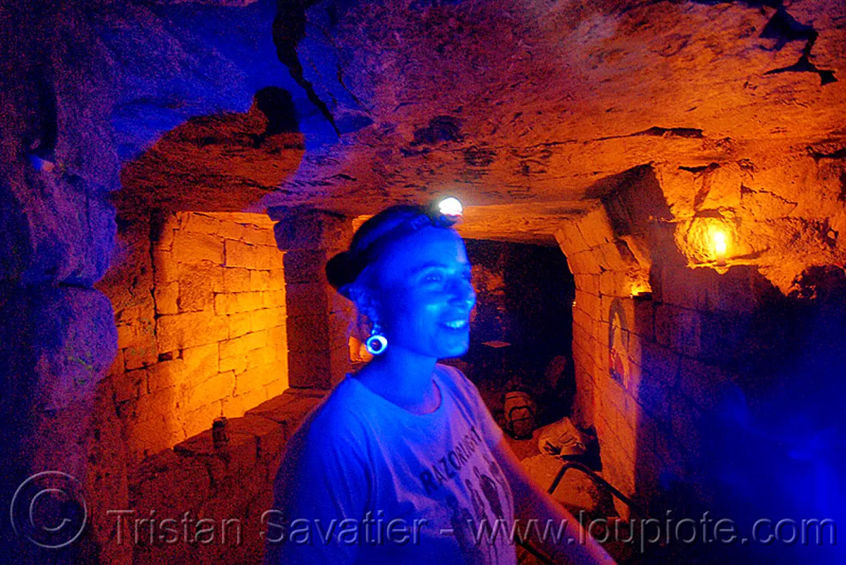 catacombes de paris - catacombs of paris (off-limit area) - fabienne and mixed lights - blue LED light, blue light, cataphile, cave, clandestines, glowing, headlamp, headlight, illegal, led lights, petzl, tikka, trespassing, underground quarry