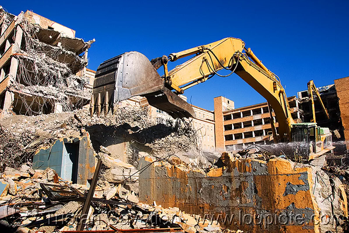 caterpillar CAT 375  excavator - building demolition, abandoned building, abandoned hospital, at work, bucket attachment, building demolition, cat 375 excavator, caterpillar 375 excavator, caterpillar excavator, excavator bucket, presidio hospital, presidio landmark apartments, working