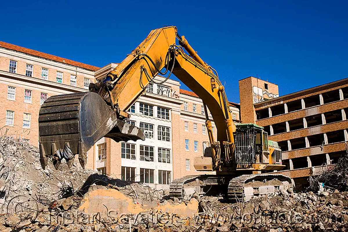 caterpillar CAT 375  excavator - building demolition, abandoned building, abandoned hospital, at work, bucket attachment, building demolition, cat 375 excavator, caterpillar 375 excavator, caterpillar excavator, excavator bucket, presidio hospital, presidio landmark apartments, working