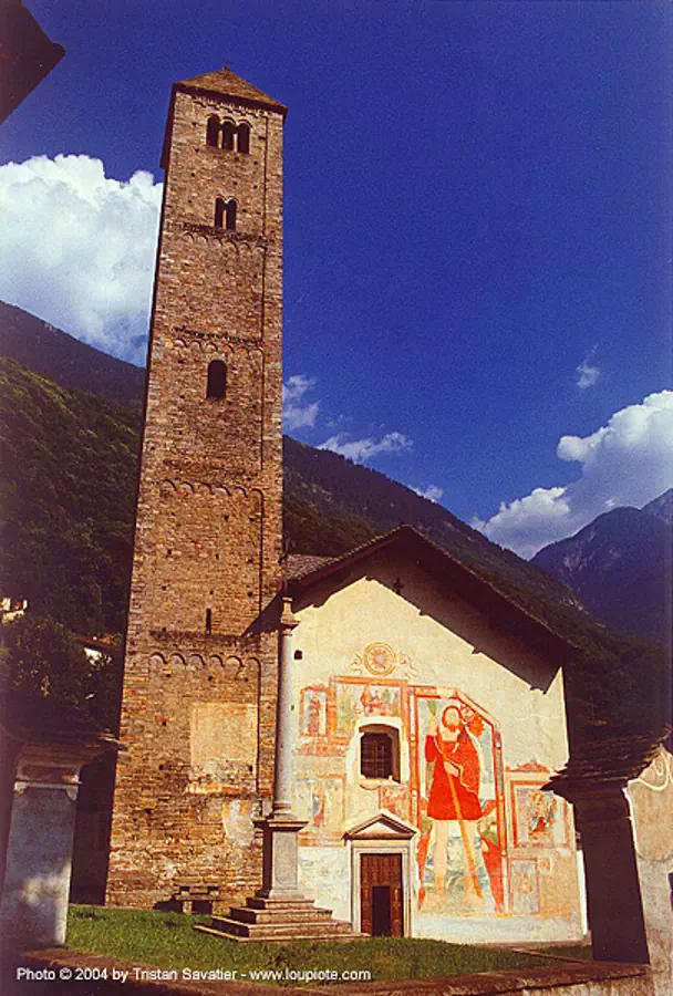church with exterior fresco (ticino region, switzerland), church tower, frescoes, switzerland, ticino
