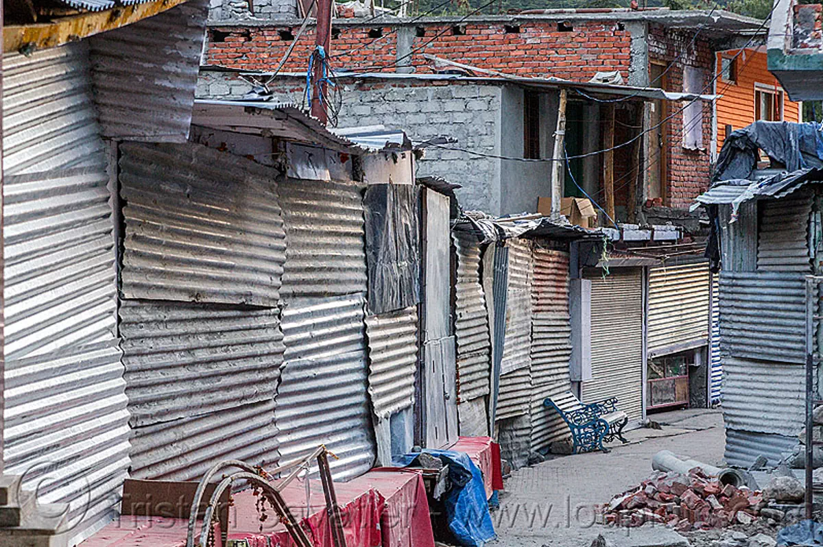 closed shops in gangotri (india), bhagirathi valley, closed, corrugated metal, gangotri, hindu pilgrimage, india, shops
