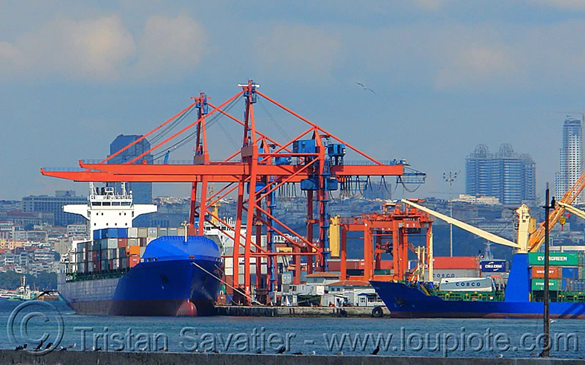 container cranes - istanbul container terminal (turkey), blue, boat, box ship, cargo ship, container cranes, container ship, container terminal, containers, gantry cranes, harbor cranes, harbour crane, istanbul, portainers, portal cranes, shipping, yigitcan, yiğitcan