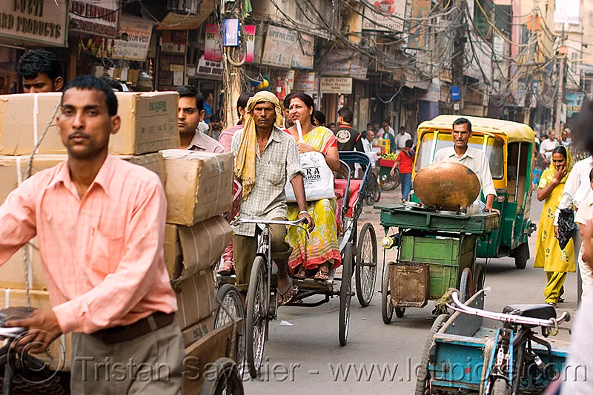 cycle rickshaws in street - delhi (india), auto rickshaw, cycle rickshaw, delhi, india, men, moving, pedicabs, rickshaws, traffic, trike, wallahs