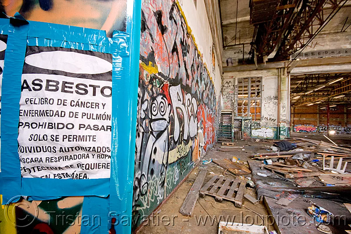 danger asbestos, abandoned warehouse in richmond, near san francisco