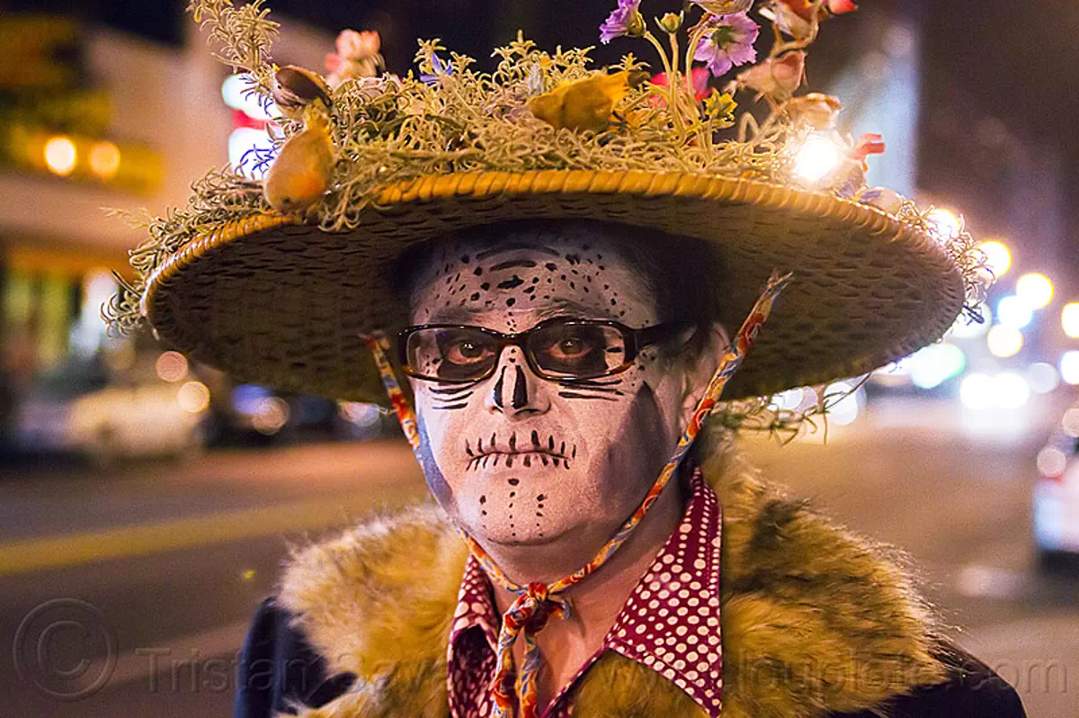 decorated hat and skull makeup - dia de los muertos 2013 (san francisco), day of the dead, dia de los muertos, face painting, facepaint, halloween, hat, man, night, sugar skull makeup