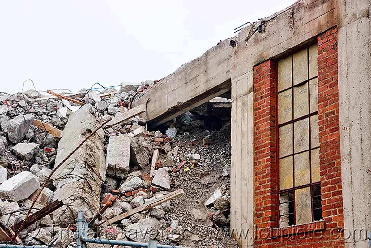 demolition of old factory, brick, building demolition, concrete, demolished, derelict, rubbles, tie's warehouse, window