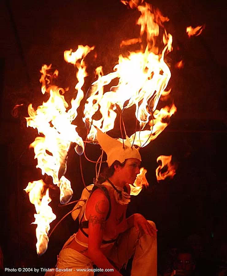 el circo - fire performer - burning man 2004, burning man, elcirco, fire dancer, fire dancing, fire performer, fire spinning, hat, night
