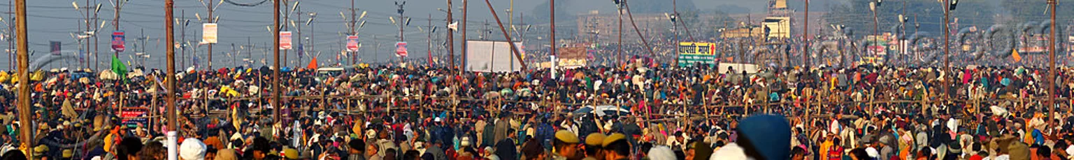 enormous crowd of hindu devotees gather at the kumbh mela (india), crowd, hindu pilgrimage, hinduism, kumbh maha snan, kumbh mela, mauni amavasya, panorama, triveni sangam