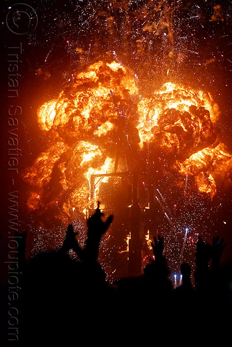 explosion - the man burns - burning man 2010, bleve, burning man, fire ball, night of the burn, pyrotechnic explosion, pyrotechnics, the man