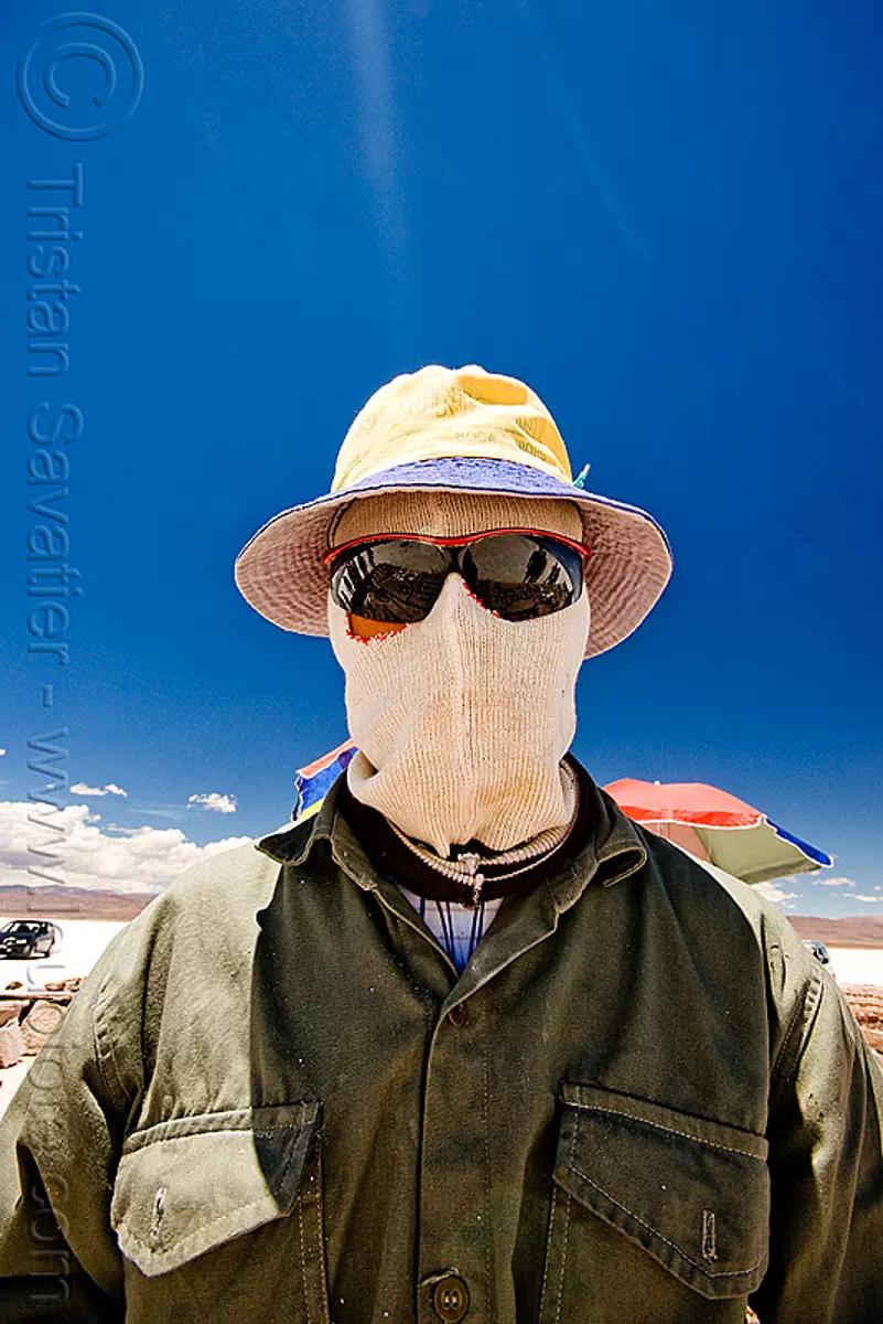 face mask for sun protection, argentina, blue sky, face mask, hat, headgear, hood, jujuy, man, noroeste argentino, salar, salinas grandes, salt bed, salt flats, salt lake, sunglasses, white, worker