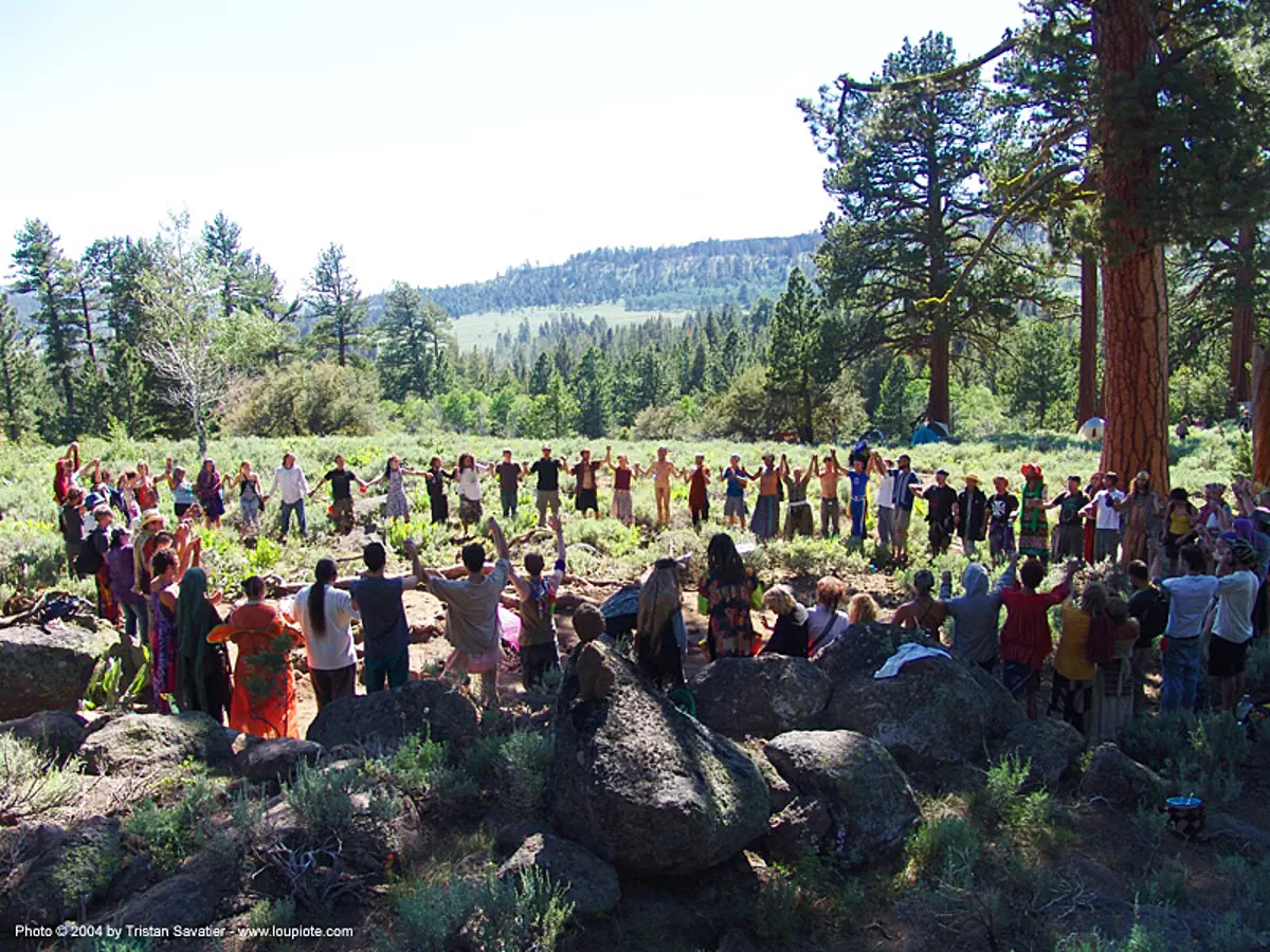 fairy-camp-circle, holding hands, rainbow gathering, hippie