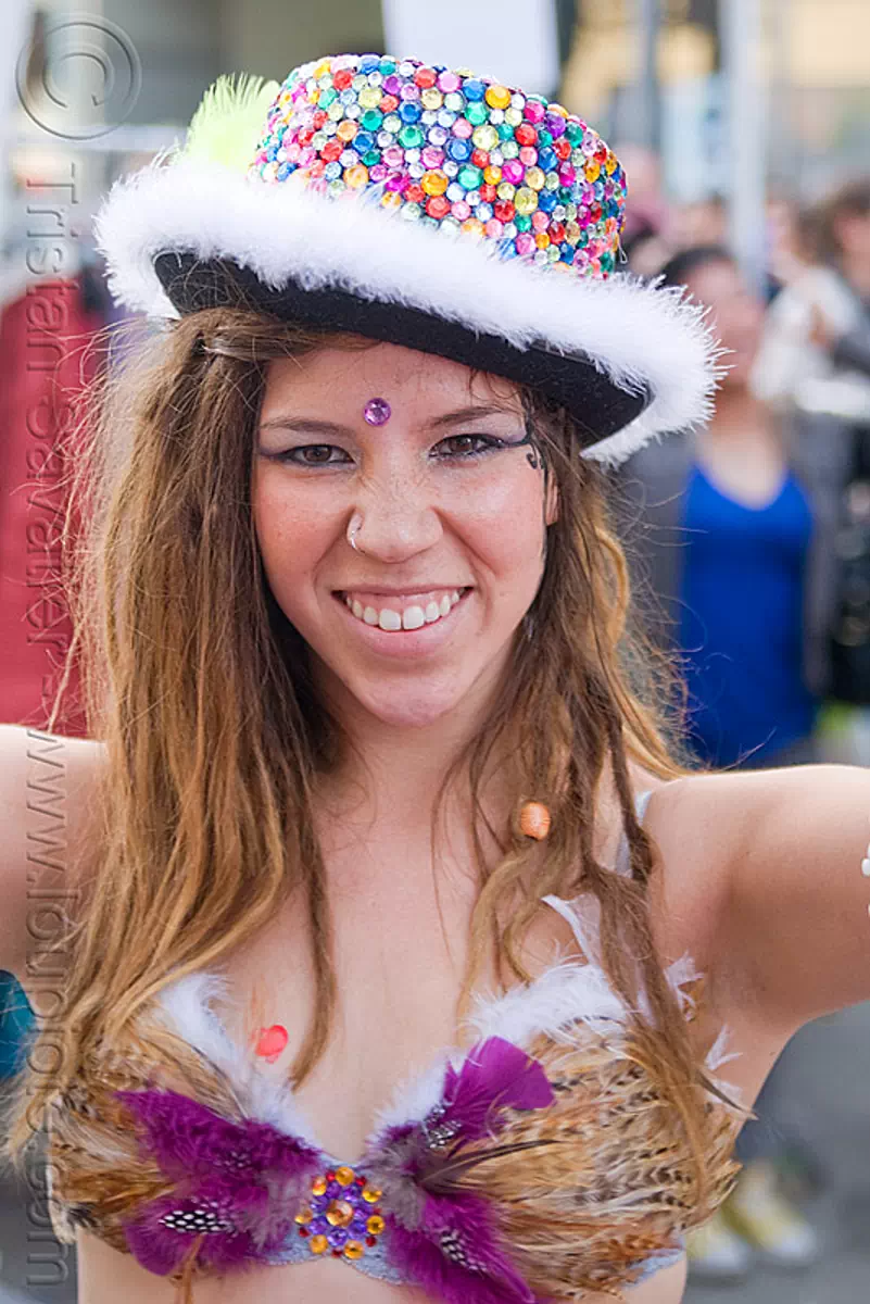 feather bra - melanie perez, bindi, carnival bra, carnival hat, feather bra, melanie, rhinestone hat, woman