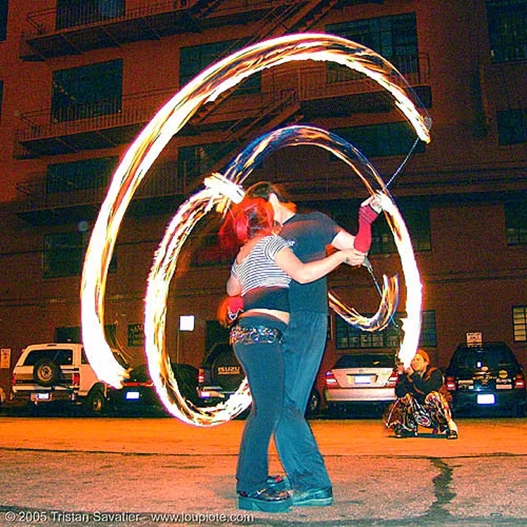 fiery kiss with bridget - LSD fuego - fire dancers, bridget h, fire dancer, fire dancing, fire performer, fire poi, fire spinning, kiss, love, night, spinning fire