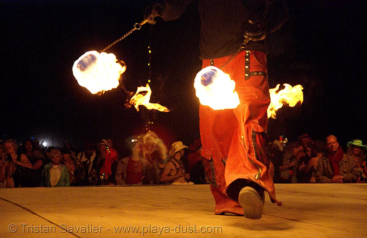 fire performer on the shiva vista stage - burning man 2007, burning man, fire poi, night, shiva vista stage