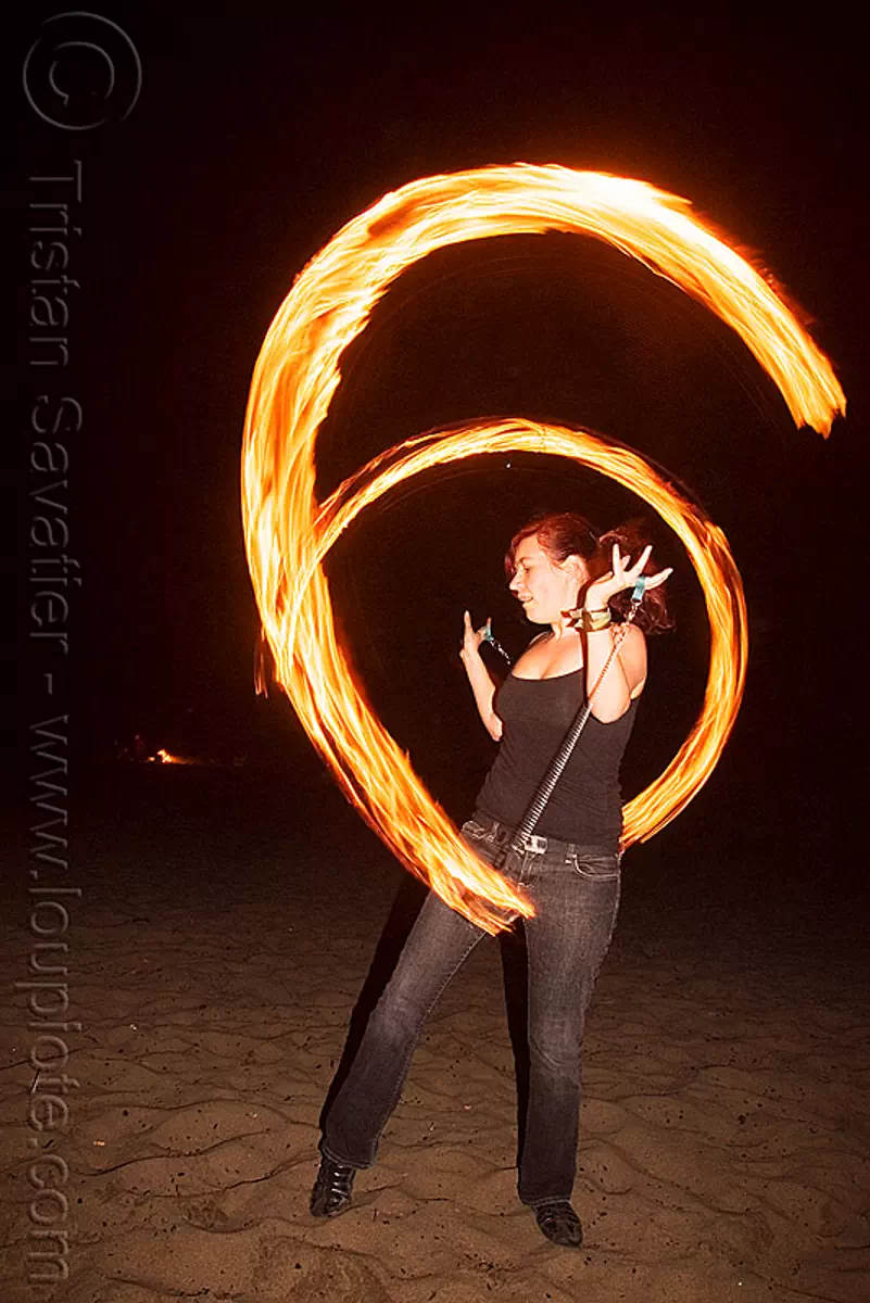 fire poi - fire performer bree - breeana (san francisco), bree, breeana, fire dancer, fire dancing, fire fans, fire performer, fire spinning, night, ocean beach, woman