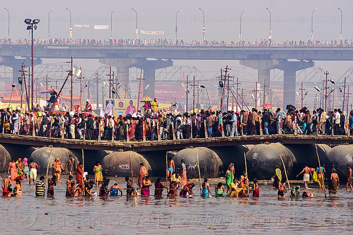 floating bridge over ganges river, kumbh mela, india