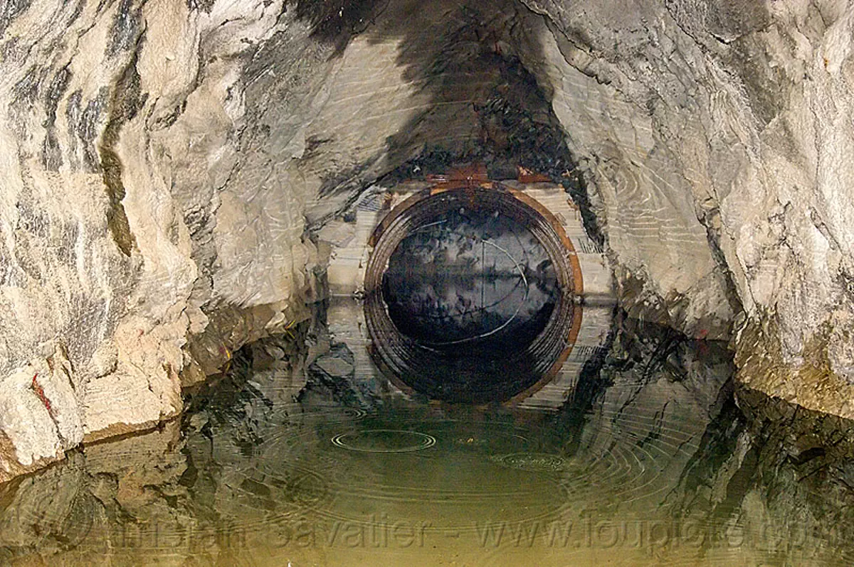 flooded tunnel adit - loharinag-pala hydro power project (india), adit, bhagirathi valley, flooded, hydro electric, loharinag-pala hydro power project, trespassing, tunnel