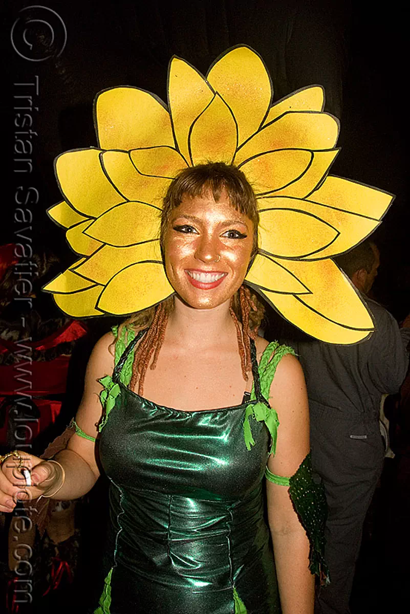 flower costume - ghostship halloween party on treasure island (san francisco) - space cowboys, flower costume, ghostship 2008, golden color, halloween, makeup, woman