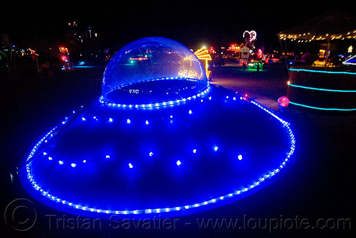 flying saucer - burning man 2009, blue, burning man, flying saucer, glowing, mutant vehicles, night, ufo, unidentified art car