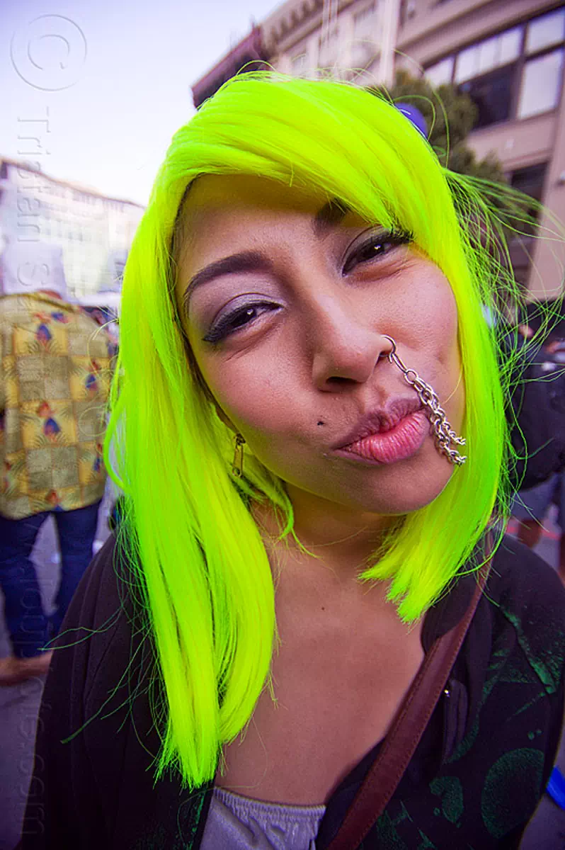 gabriela starchild with her neon green wig and nose chain, gabriela starchild, gaby, green wig, nose chain, nose peircing, woman