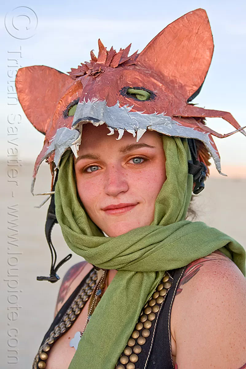gabrielle with her fox head mask, burning man, copper, costume, ears, fox, head, mask, scarf, woman
