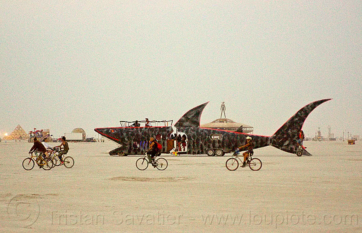 giant shark art car and bicycles - burning man 2013, bicycles, bikes, burning man, dusk, mutant vehicles, shark art car