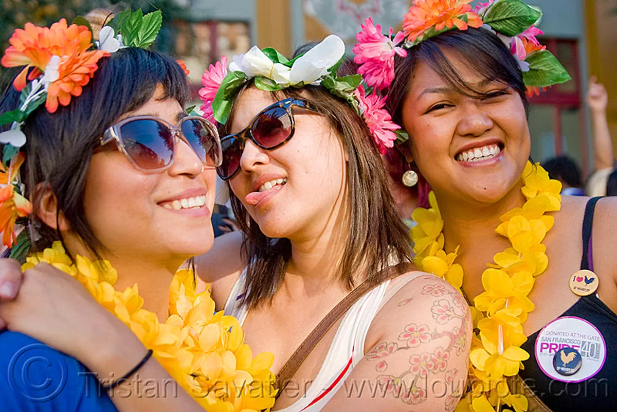 girls with flower headdresses, flowers, gay pride festival, headdress, headdresses, women
