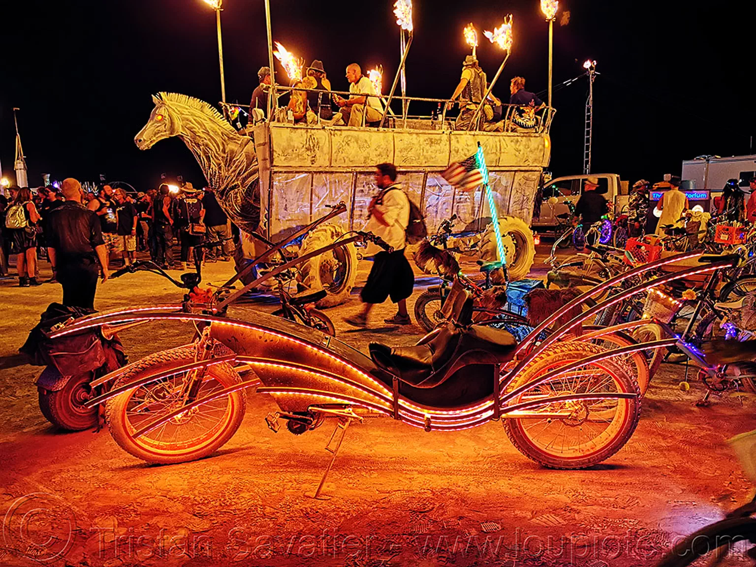 glowing cruiser bicycle - burning man 2019, art car, bicycle, bike, burning man, cruiser, mutant vehicles, night
