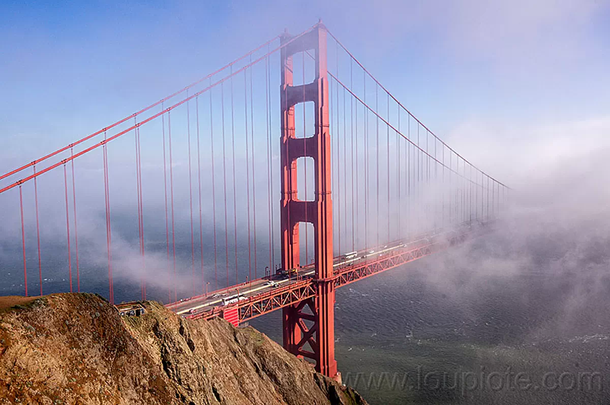 golden gate bridge in the fog (san francisco), bridge tower, cliff, fog, golden gate bridge, seashore, suspension bridge