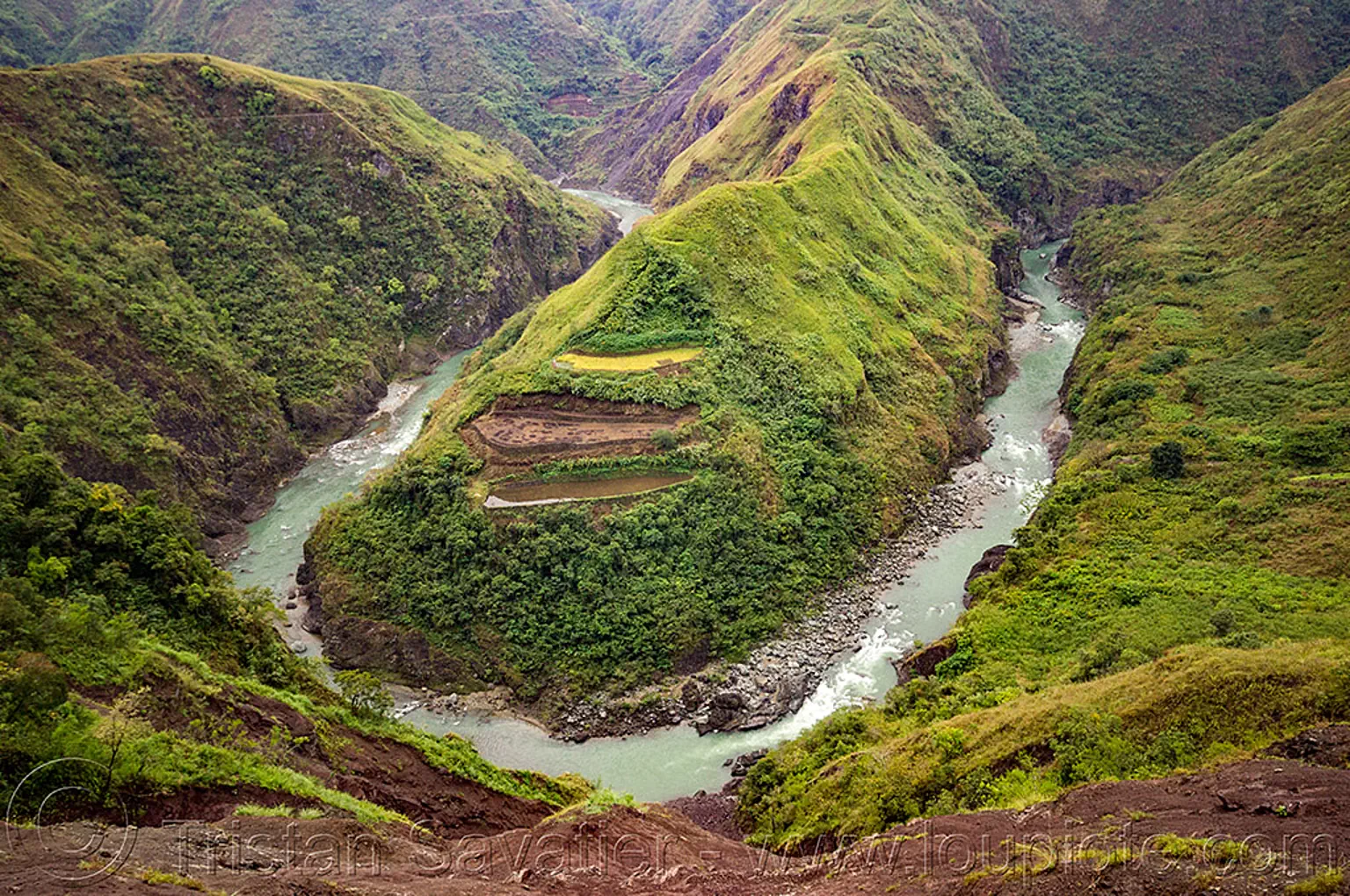 gooseneck - chico river bend in the cordillera (philippines), chico river, chico valley, cordillera, gooseneck, loop, mountain, philippines, river bend, v-shaped valley