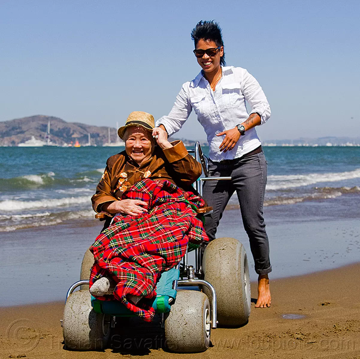 grandma and granddaughter at the beach - beach wheelchair, beach wheelchair, blanket, chinese, crissy field beach, family, grandma, grandmother, jenn, old woman, sand, senior, straw hat, women