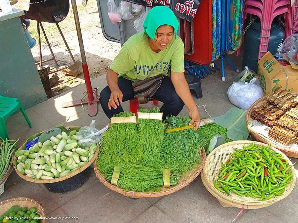 green vegetables sold on the market - thailand, asian woman, farmers market, merchant, stall, street market, street seller, street vendor, thailand, vegetables, veggies