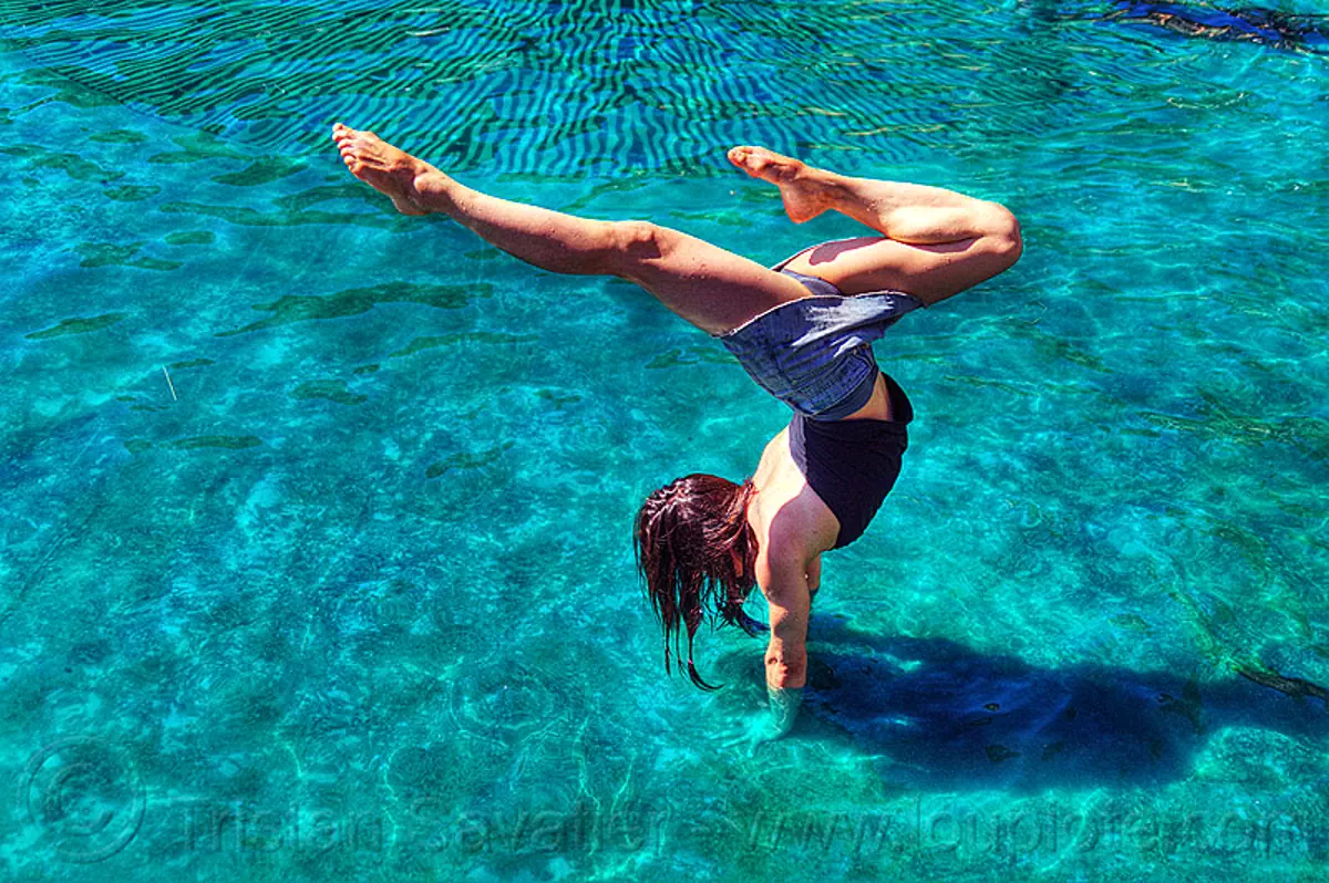 handstand in pool, handstand, pond, spring training, swimming pool, upside-down, woman