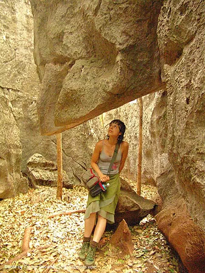 hanging rock - stone maze - karstic area near wang saphung - thailand, stone maze, thailand, wang saphung, woman