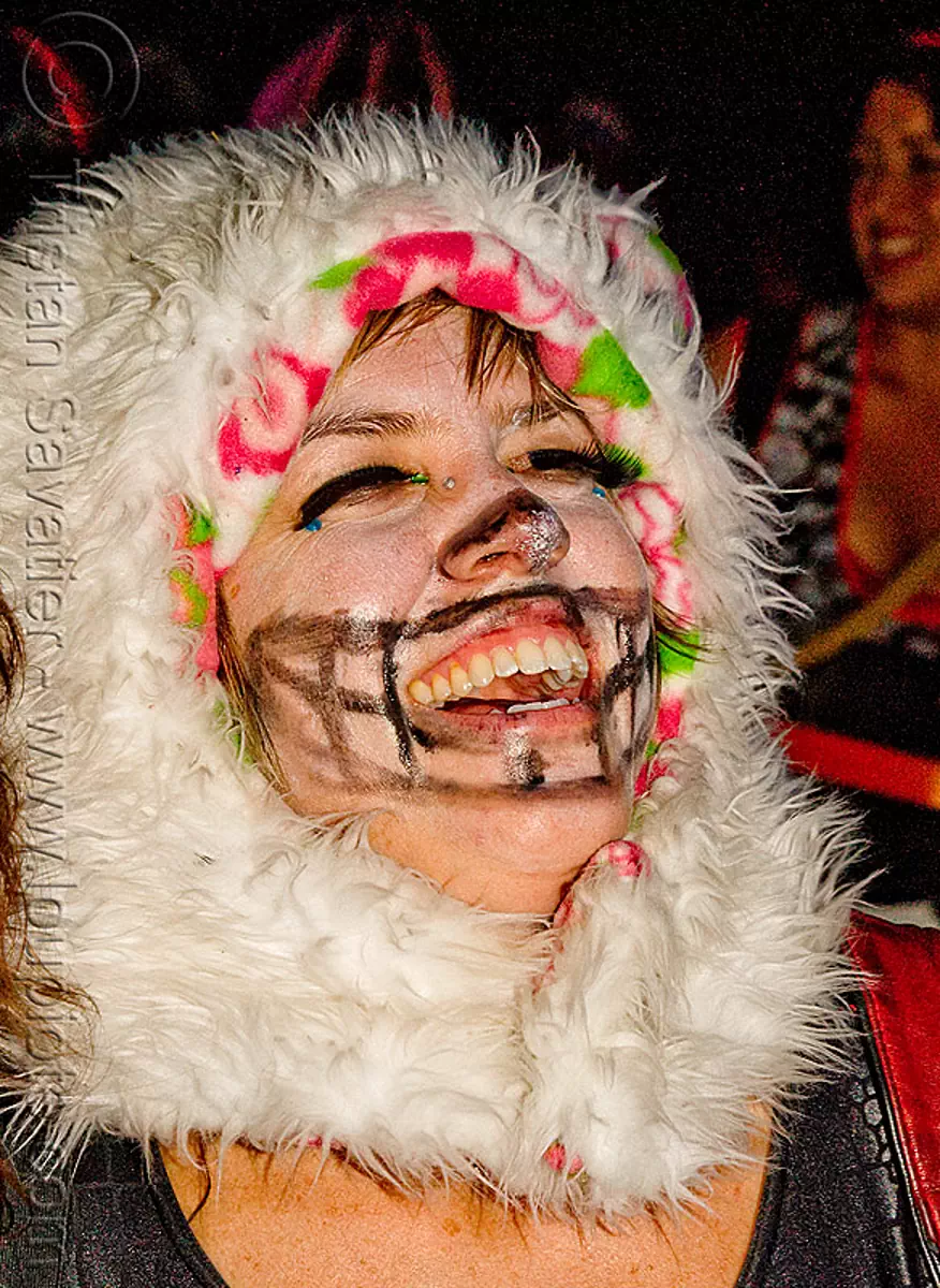 helen - ghostship halloween party on treasure island (san francisco), costume, face painting, facepaint, fuzzy hat, ghostship 2009, halloween, helen, makeup, party
